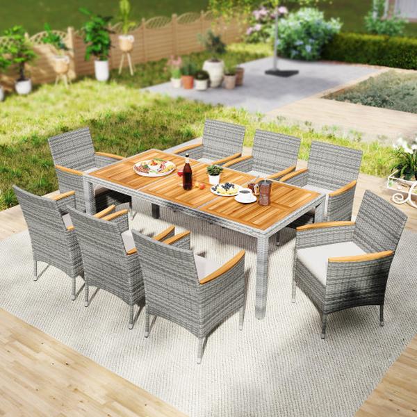 HW73183WH- Patio PE Wicker Dining Set for Deck Garden & Yard - White - 9 Piece