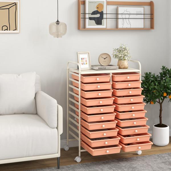 HW56501PF 20 Drawers Rolling Storage Cart Studio Organizer - Peach