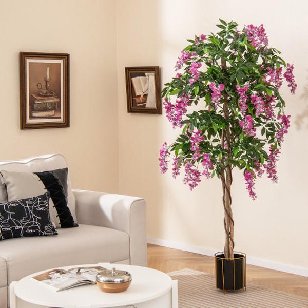 HZ10317RO-1 5.5 ft. Faux Wisteria Plant in Nursery Pot with Blooming Flowers - Rose Red