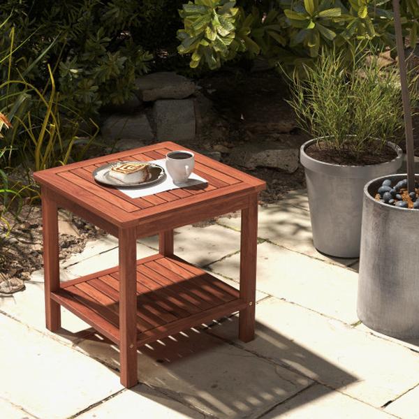 HW71499-2 Double-Tier Acacia Wood Patio Side Table with Slatted Tabletop & Shelf - Set of 2
