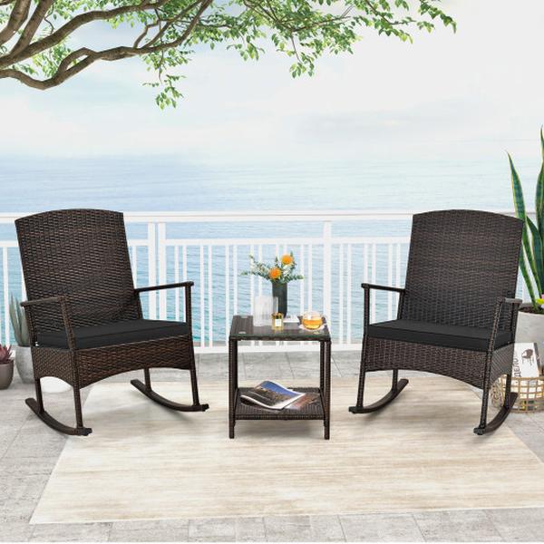 HW71631DK Patio Rocking Set with Wicker Chairs & 2-Tier Coffee Table - Black - 3 Piece