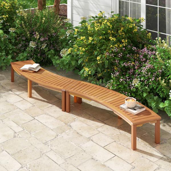 Picture of Costway HW72952-2 Outdoor Curved Acacia Wood Fire Pit Bench with Slatted Seat - Set of 2
