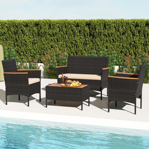 HW73035BN Patio Wicker Sofa Set, 2 Rattan Chairs & Loveseat with Table - Brown - 4 Piece