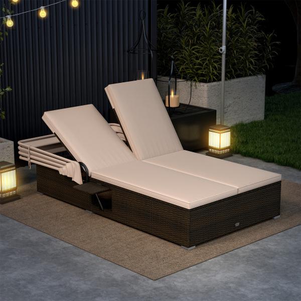 HW72825BN Patio Double Chaise Lounge with Shade Cushions & Folding Side Trays - Beige
