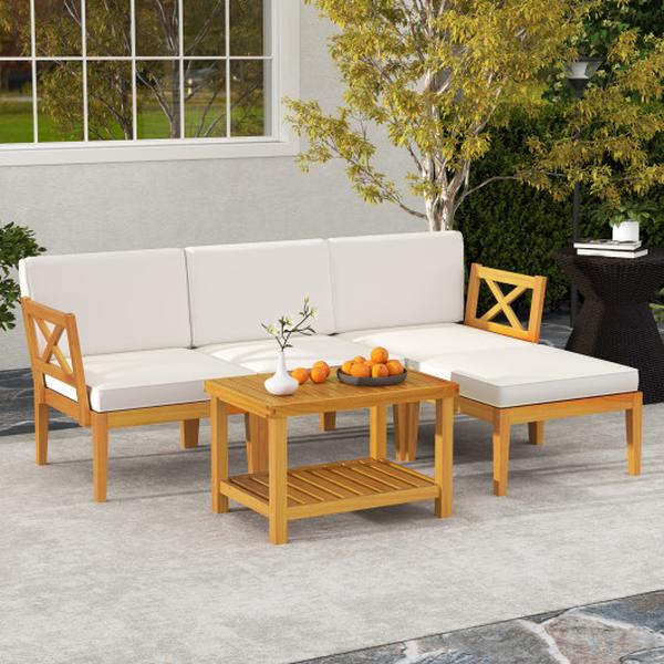 HW72949WH- Acacia Wood Patio Furniture Set with 2-Tier Coffee Table & Cushions - White - 5 Piece
