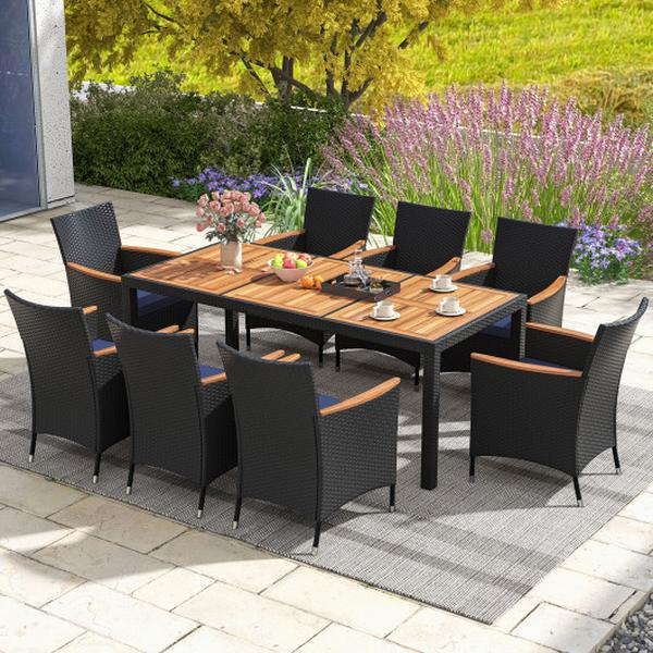 HW73185NY- Outdoor Dining Set with Acacia Wood Tabletop for Garden - Navy - 9 Piece