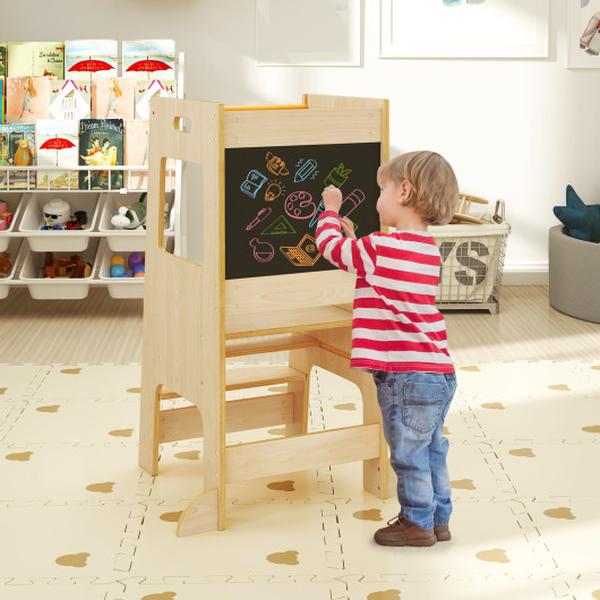 HY10190NA Toddler Kitchen Step Stool with Activity Chalkboard & Adjustable Height - Natural