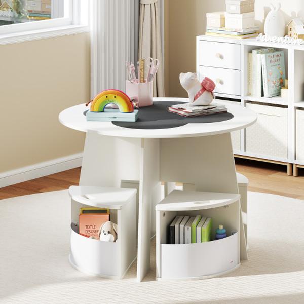 HY10324WH Kids Table & Chair Set with Storage Stools for Activity - White - 5 Piece
