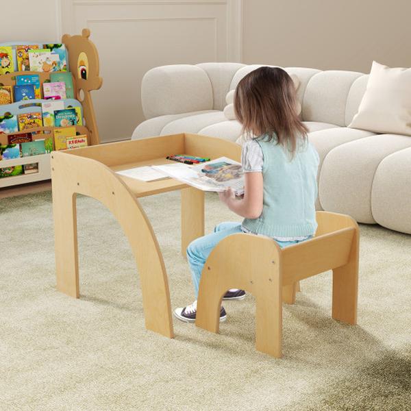 HY10352NA Table & Chair Set with Wide Tabletop & Curved Edges for Kids Room - Natural