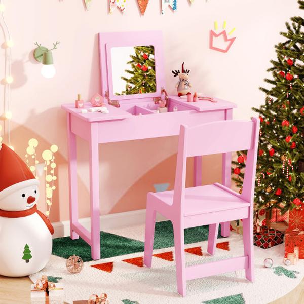 Picture of Costway HY10383PI 2-in-1 Kids Vanity Makeup Table & Chair Set with Flip Top Mirror - Pink