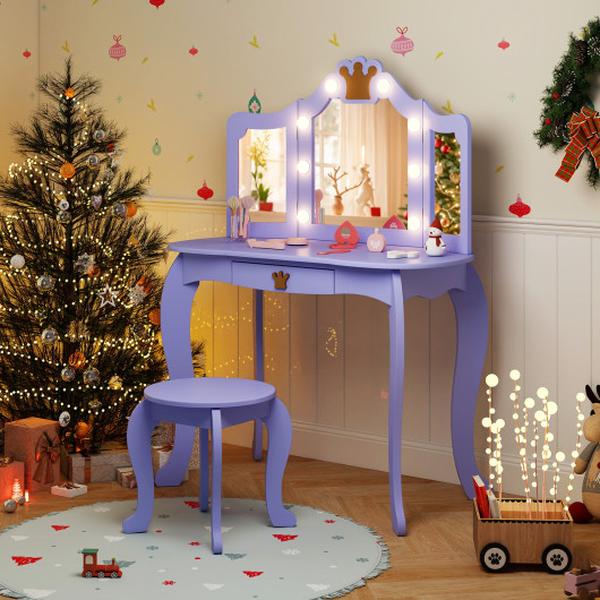 HY10338US-ZS Kids Vanity Set with Tri-fold Lighted Mirror Detachable Top & Stool - Purple