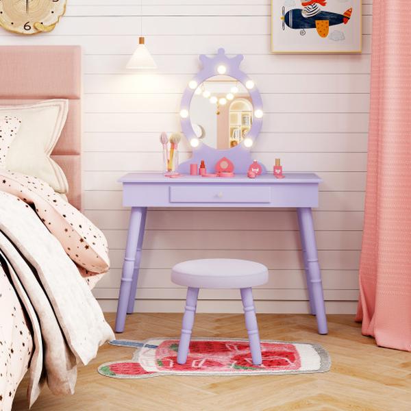 HY10339US-ZS Kids Vanity Set with Adjustable Brightness Lighted Mirror & Large Drawer - Purple