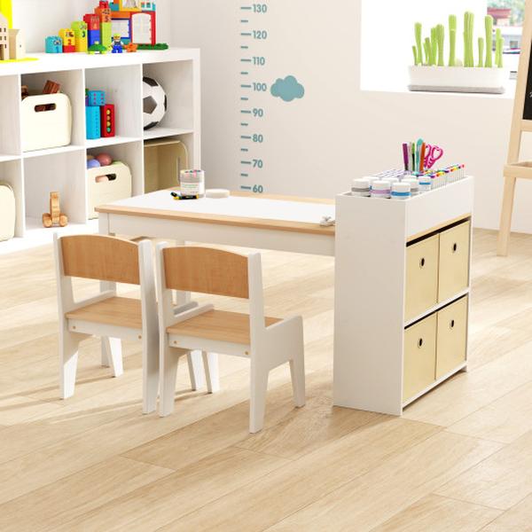 HY10355NA Kids Art Table & Chair Set with 2 Chairs & Paper Roll - Natural