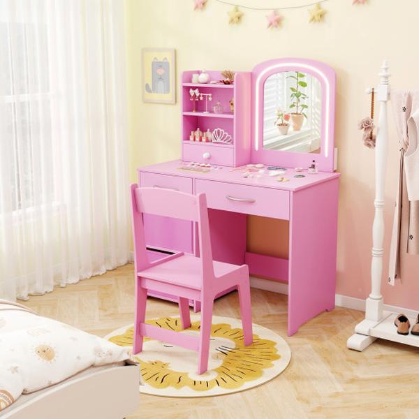 HY10379PI Kids Lighted Mirror Makeup Desk & Chair Vanity Set with Drawers - Pink