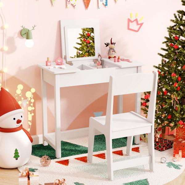 Picture of Costway HY10383WH 2-in-1 Kids Vanity Makeup Table & Chair Set with Flip Top Mirror - White