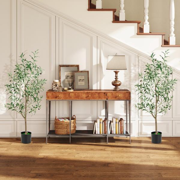 HZ10294-2 4.5 ft. Tall Artificial Olive Tree Fake Potted Trees with Realistic Fruits - Set of 2