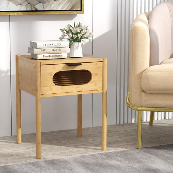 JV11255NA Bamboo Square Tall End Table Nightstand with Decorated Drawer - Natural