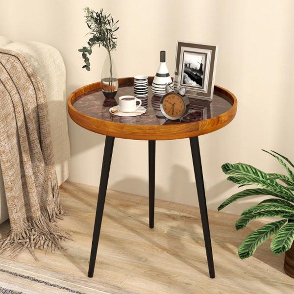 JV11705-L 20 in. Round End Table with Sea Shell Decoration & Epoxy Resin Finish - Brown