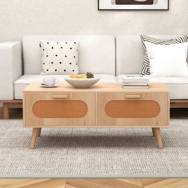 JV11728NA Rattan Mid Century Modern Coffee Table with 2 Storage Drawers - Natural