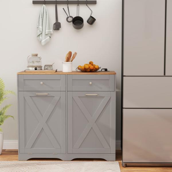 Picture of Costway KC57448GR Tilt Out Trash Can Cabinet with Outlets & Adjustable Shelf - Gray