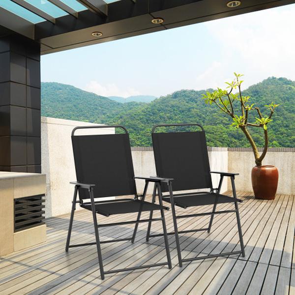 NP11097DK-4 Outdoor Folding Sling Chairs with Armrest & Backrest - Black - Set of 4