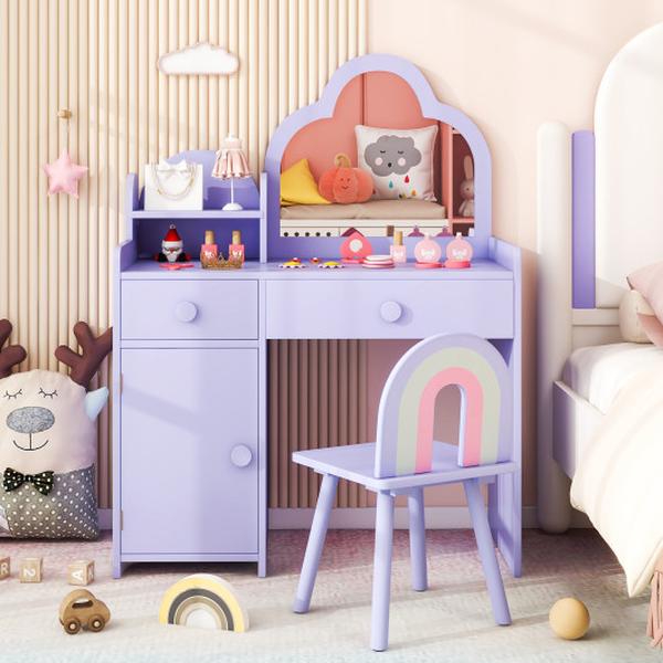 Picture of Costway HY10304ZS Kids Vanity Table & Chair Set with Cloud-Shaped Mirror & Open Shelf - Purple