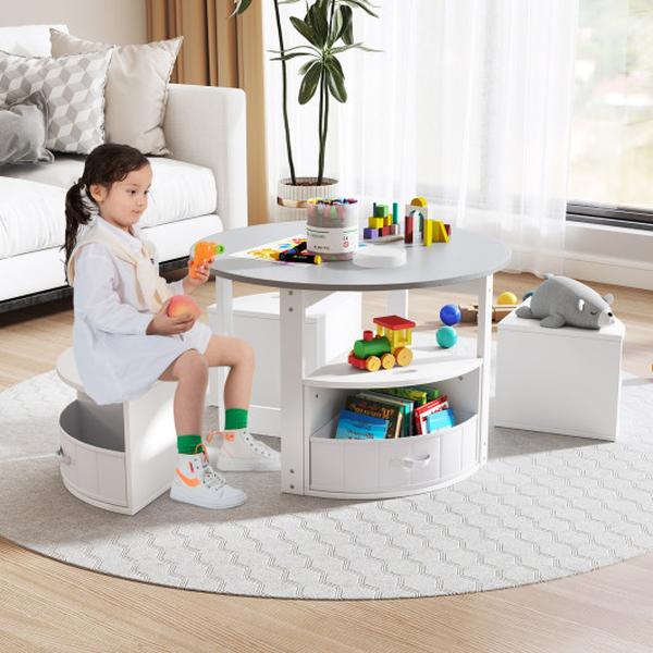 HY10311GR Toddler Round Nesting Table with 4 Storage Stools for Activity - Gray - 5 Piece