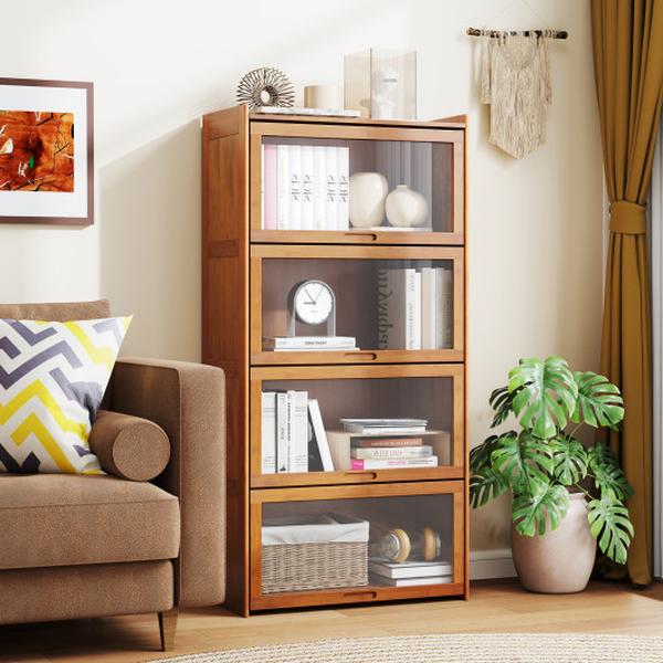 JV11769CF 4-Tier Bamboo Bookcase with Doors for Study & Living Room - Brown