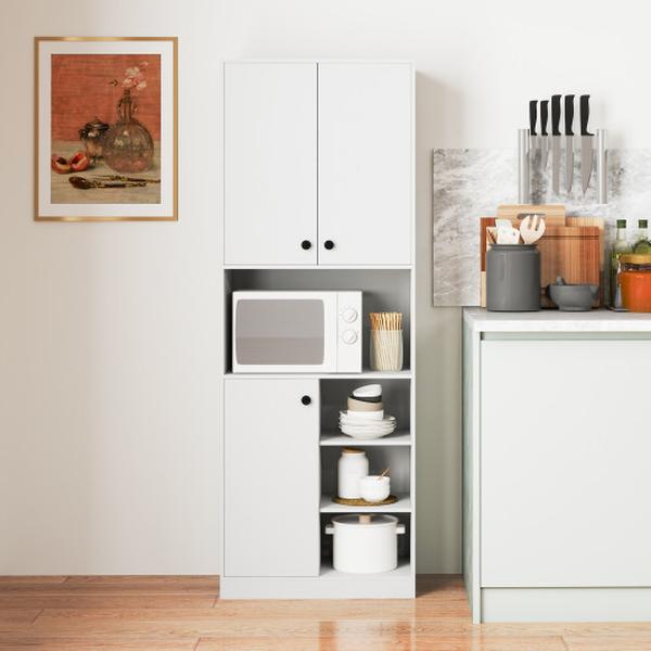 Picture of Costway JV11975WH- Kitchen Pantry Storage Cabinet with Microwave Stand & Open Shelves - White