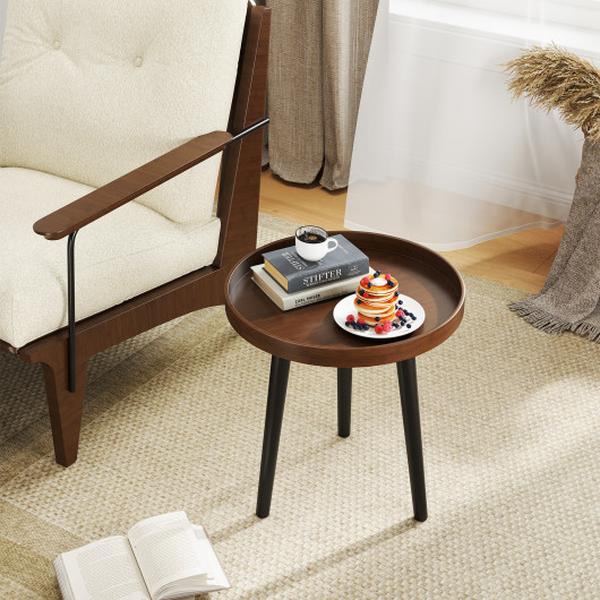 JV11978CF Mid Century Modern Round Side Sofa Coffee Table with Wooden Tray - Brown