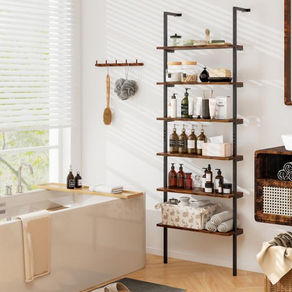 JV11985CF 72 in. 6-Tier Ladder Industrial Wall Mounted Bookshelf - Rustic Brown