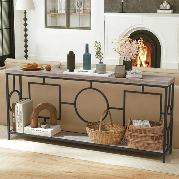 JV12018CF 2-Tier Faux Marble Top Console Table with Storage Shelf for Hallway - Rustic Brown