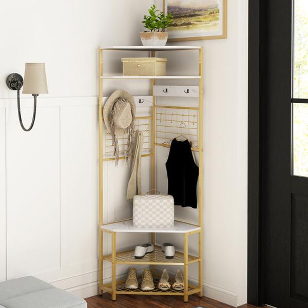 JV12207WH 5-Tier Corner Hall Tree with Shoe Storage Bench - White