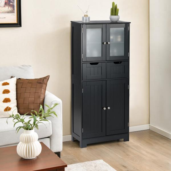 JV12236DK 4 Door Freestanding Bathroom Floor Storage Cabinet with 2 Drawers & Glass Doors - Black