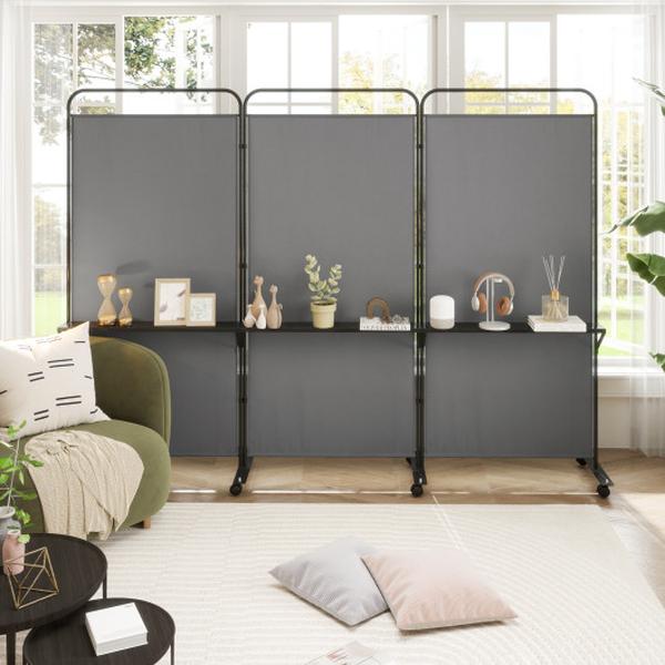 JV12391GR 3-Panel Folding Room Divider with 3 Metal Shelves & Lockable Wheels - Gray