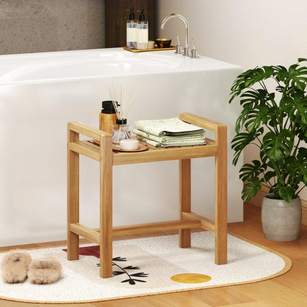 Picture of Costway JV12443 Teak Wood Shower Bench for Inside Shower Shaving Legs