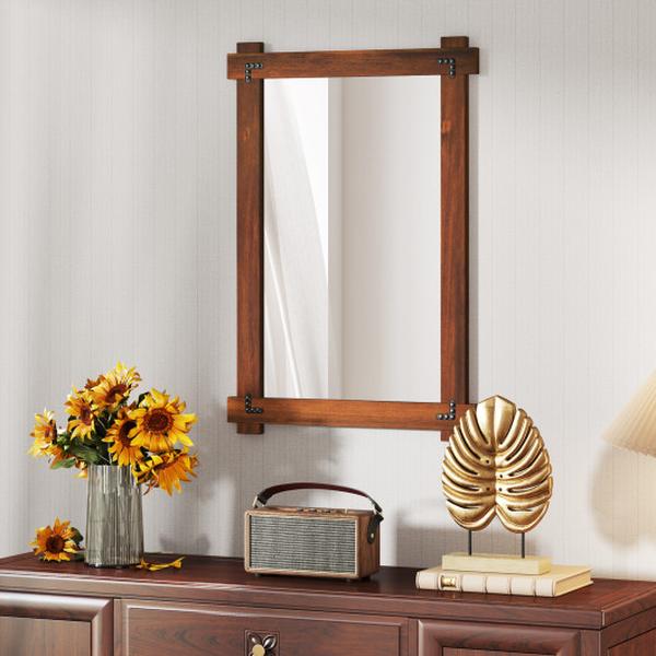 JV12481BN Acacia Wood Framed Mirror with Vintage Rivet Design, Brown - Medium