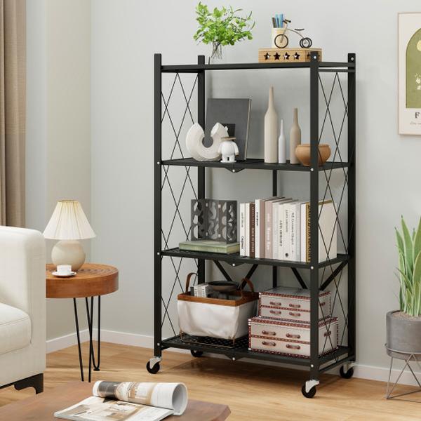 Picture of Costway JZ10285DK 4-Tier Foldable Shelf Collapsible Storage Rack with Lockable Wheels - Black