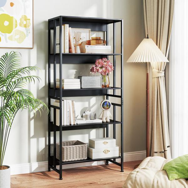 JV11208DK 5-Tier Bookshelf with Adjustable & Tiltable Shelves - Black
