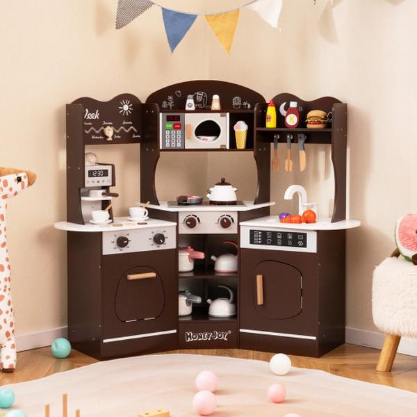 Picture of Costway TM10118CF Corner Wooden Play Kitchen with Coffee Machine & Slide for Kids - Brown