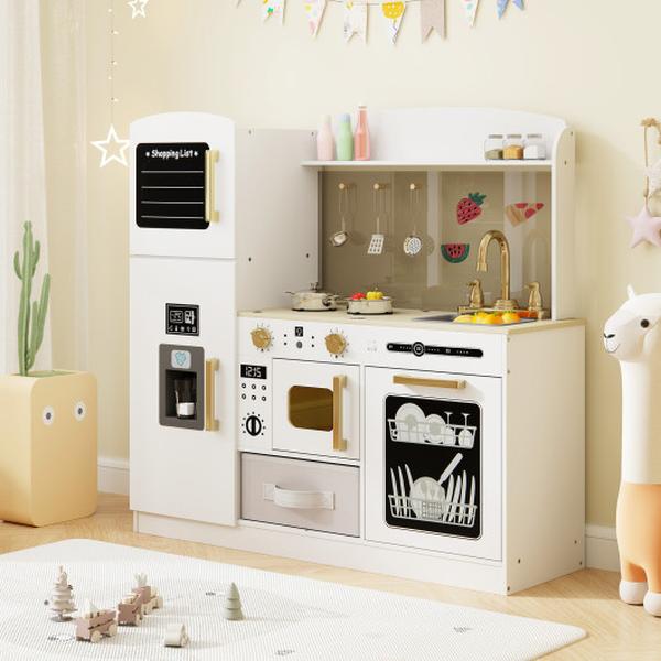 Picture of Costway TM10130WH Wooden Kids Kitchen Playset with Chalkboard Ice Maker Sink Lighted Microwave - White