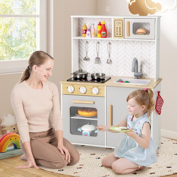 Picture of Costway TP10240WH Kids Kitchen Playset with Lights Sounds Microwave Stoves Sink Oven & Cooking Accessories - White