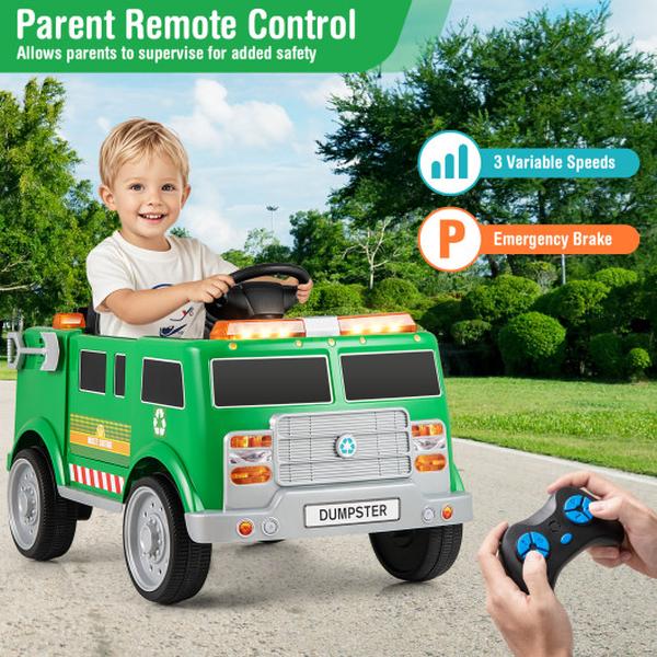 TQ10290US-GN 12V Battery Powered Electric Vehicle with Remote Control & Trash Bin - Green