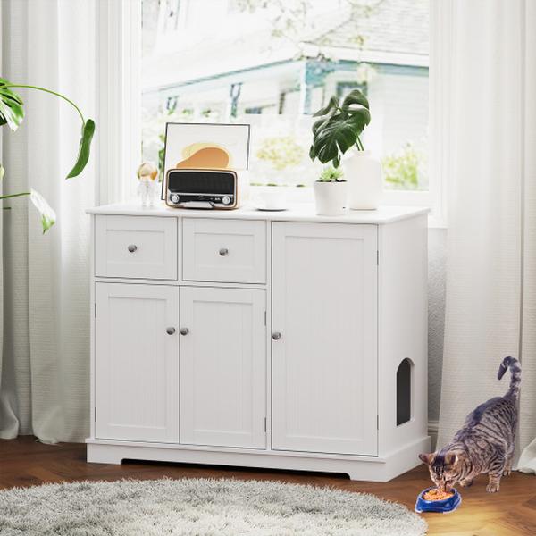 Picture of Costway PV10191WH Cat Litter Box Enclosure with 2 Drawers & 3 Doors for Kittens & Adult Cats - White