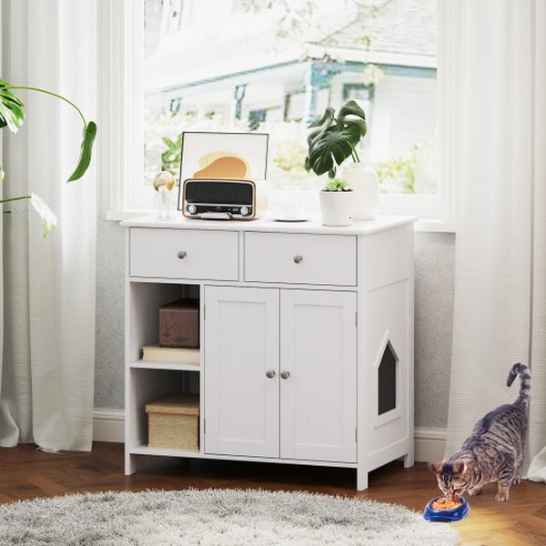 Picture of Costway PV10193WH Hidden Cat Washroom Side Cabinet Wooden Pet House with 2 Drawers - White