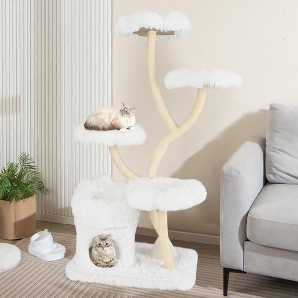 Picture of Costway PV10226BE Freestanding Cat Tower with Four Flower-shaped Platforms & Sisal Scratching Posts - White
