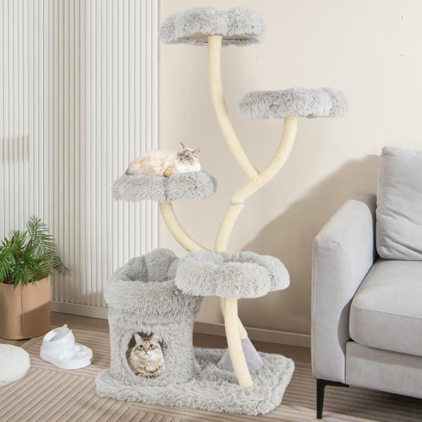 Picture of Costway PV10226GR Freestanding Cat Tower with Four Flower-shaped Platforms & Sisal Scratching Posts - Gray