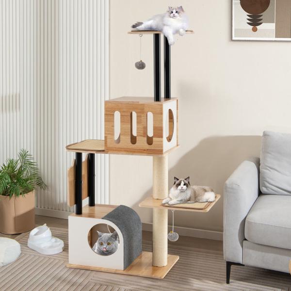 Picture of Costway PV10281NA Double Condos Modern Tall Cat Tower with Dangling Balls & Sisal Carpets - Natural