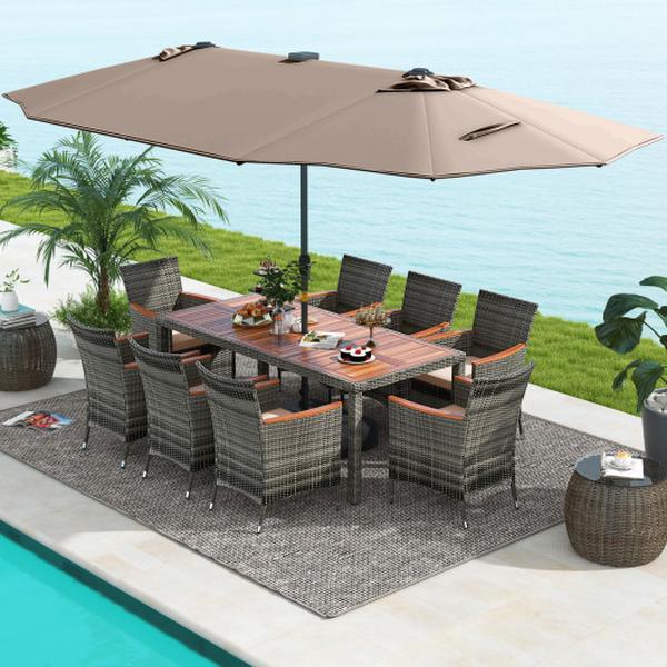 NP11368CF-HW71816- Patio Dining Set with 15 ft. Double-Sided Umbrella Base Included - Tan - 11 Piece