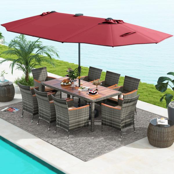 NP11368WN-HW71816- Patio Dining Set with 15 ft. Double-Sided Umbrella Base Included - Wine - 11 Piece